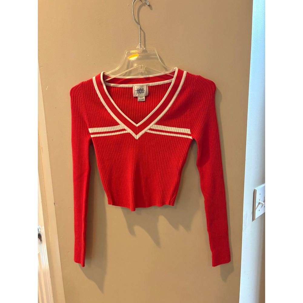 New BDG Urban Outfitters Red Ribbed Varsity V-Neck Long Sleeve Crop Top Small